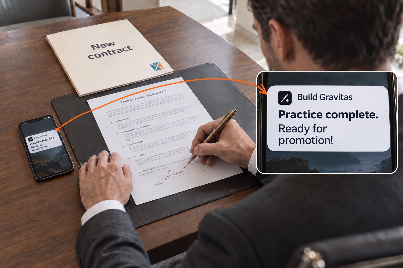 A natural over-the-shoulder contract signing, with an orange line linking the nearby phone to a close-up of a short conceptual Build Gravitas completion notification