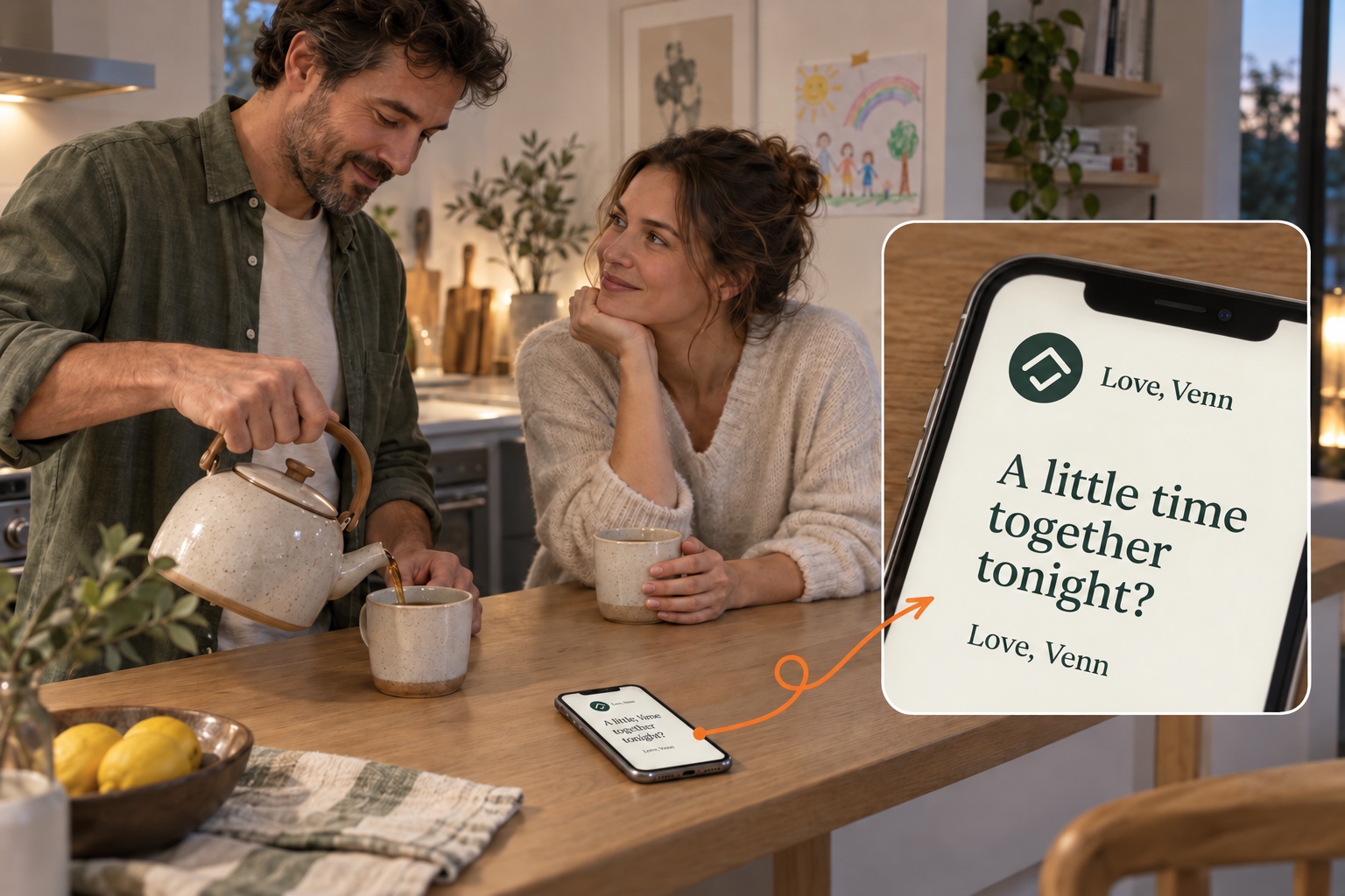 Two parents sharing a quiet evening over tea, with an orange line connecting their phone to a close-up of an illustrative Love, Venn note