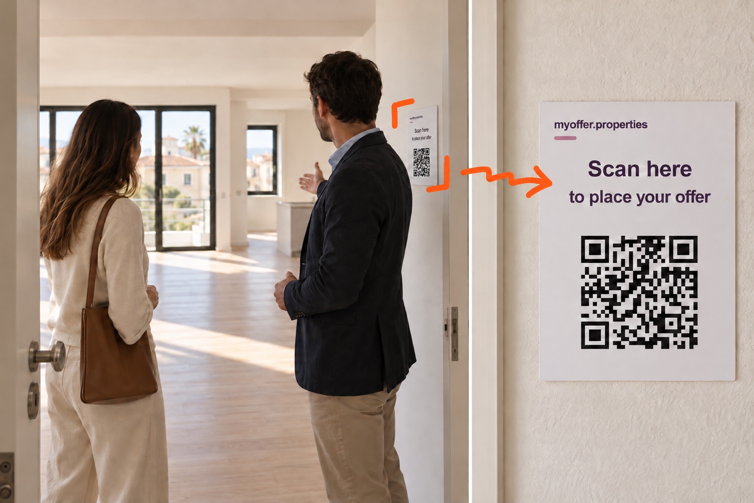 An apartment viewing with a close-up of the MyOffer QR sign beside the door