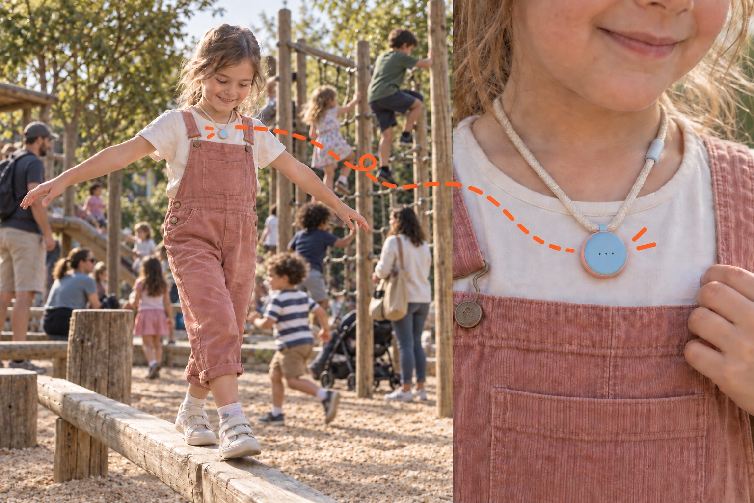 A little girl playing at a busy public playground, with a close-up of a small child-friendly WhisperWatch pendant concept